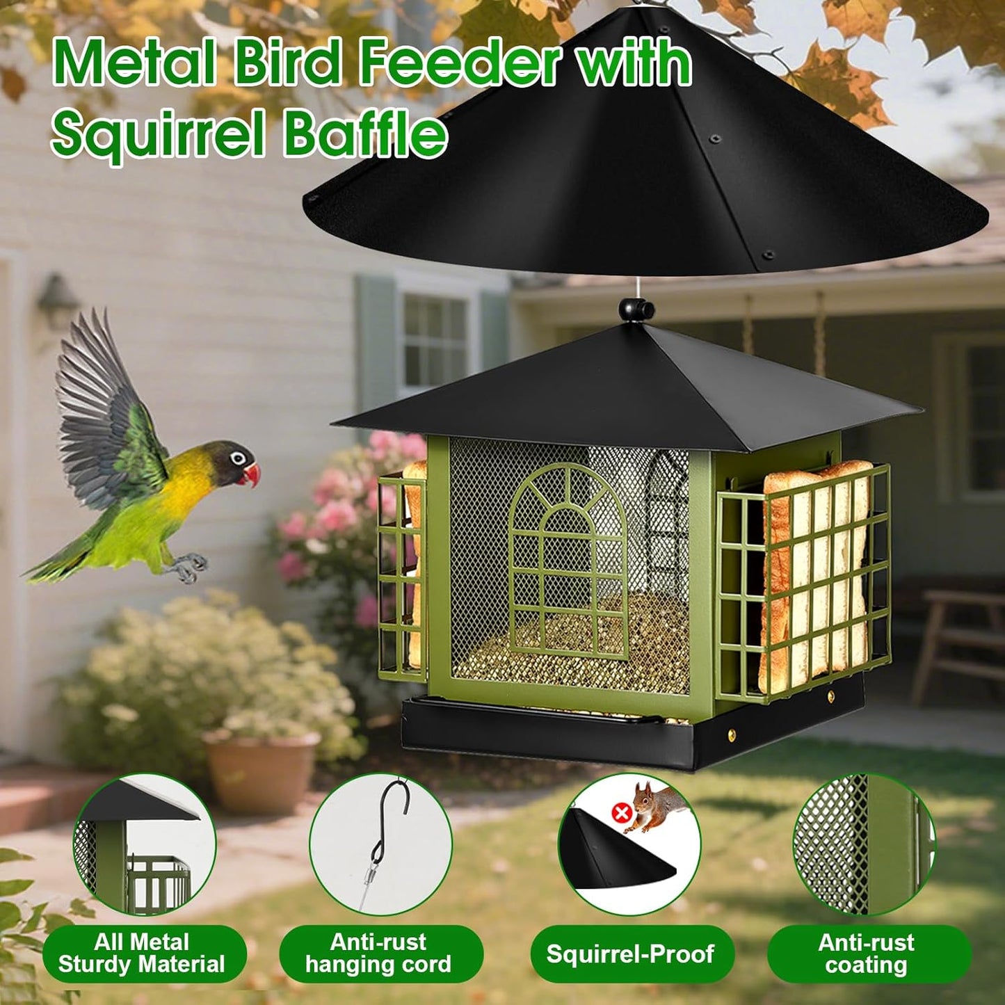 Large Squirrel-Proof Bird Feeder for Outdoors Hanging,Metal Bird Feeder with Squirrel Baffle,& Double Suet Cage,Suet Feeder,Humming Finch Cardinal Woodpecker Feeder,Great for Attracting Wild Birds