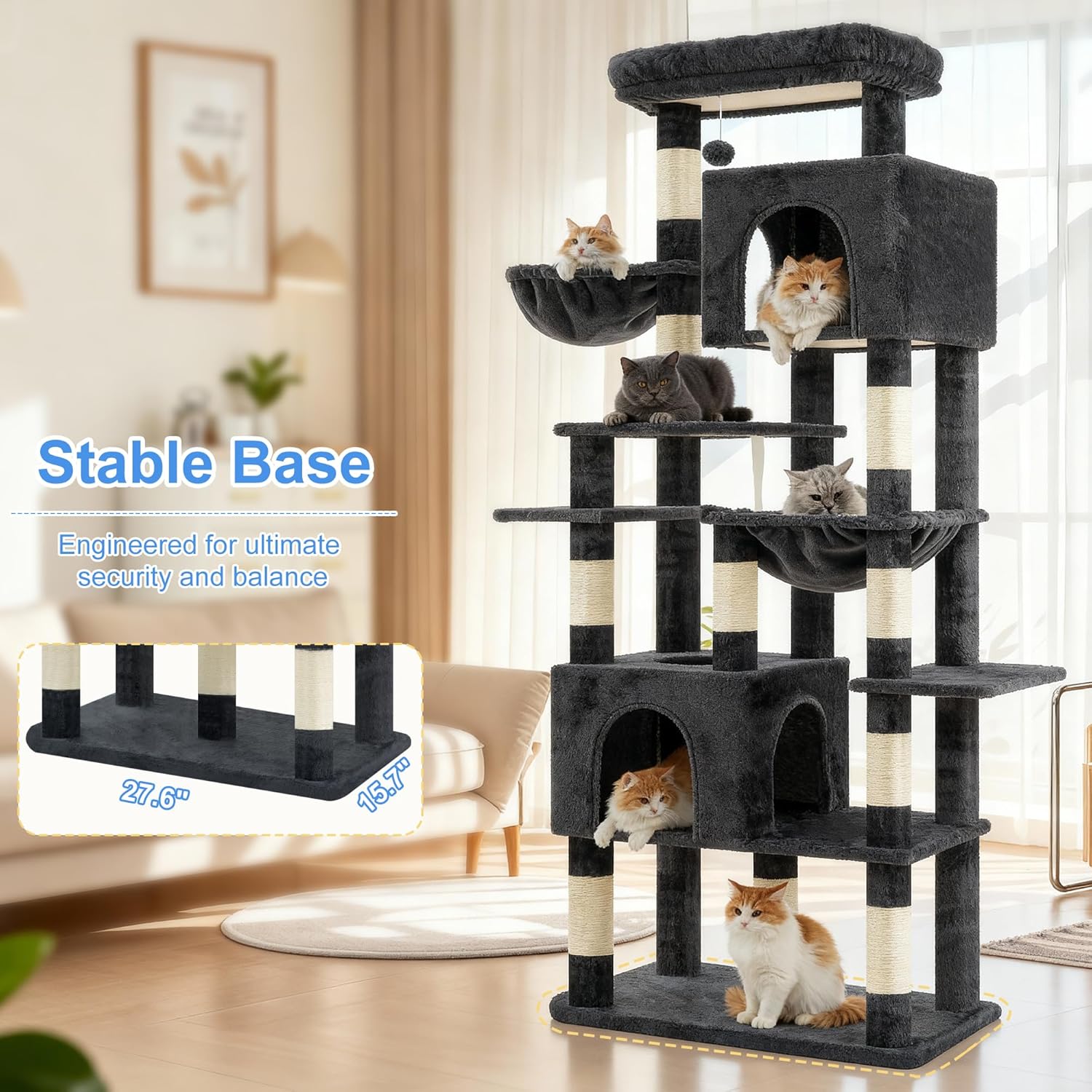 Heybly Cat Tree, 76-Inch Tall Heavy Duty Cat Tower for Big Cats with E