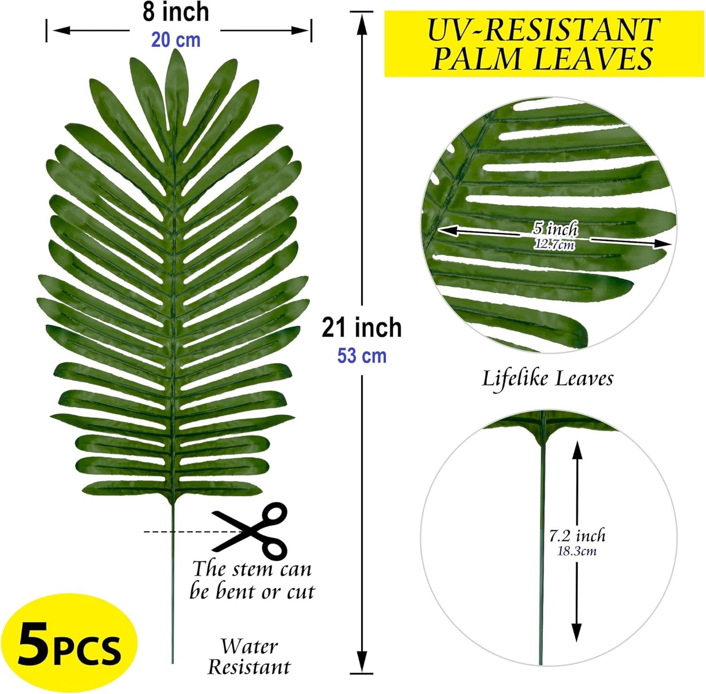 Grand Verde Palm Leaves Artificial Greenery Bulk Stems Tropical Hawaiian Decor Faux Tree Branches 21” Long Plastic Plants Sun-Resistant Indoor Outdoor Luau Wedding Decoration, 5pcs