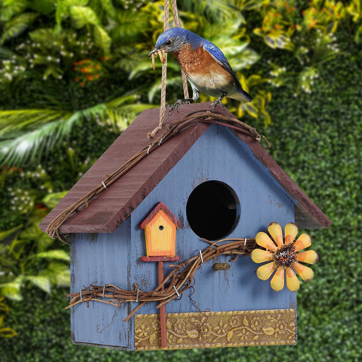 Hanging Bird Houses for Outside Decorative Birdhouse, Garden Bird Feeders for Outdoors, Blue Wooden Bird Nest Box for Wren Finchs Hummingbird Cardinal Bluebird Wild Birds, Gift for Bird Lovers