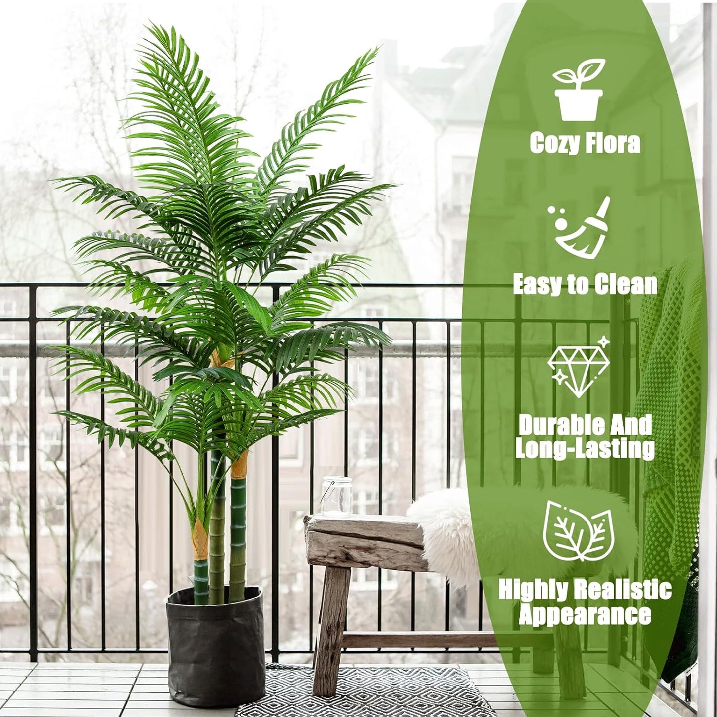 5ft Tall Golden Cane Artificial Tree Palm Outdoor, Large Artificial Plants Outdoor Faux Palm Tree with 3 Textured Trunks, Fake Tree for Indoor Outdoor Office Living Room Outside Patio