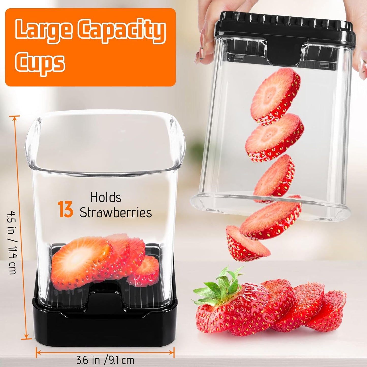 Fruit Slicer Cup for Strawberry, Banana, Hard-Boiled Egg - Detachable Cutter with Push Plate - Rapid & Safe Slicing Kitchen Gadget for Quick Meal Prep (Black)