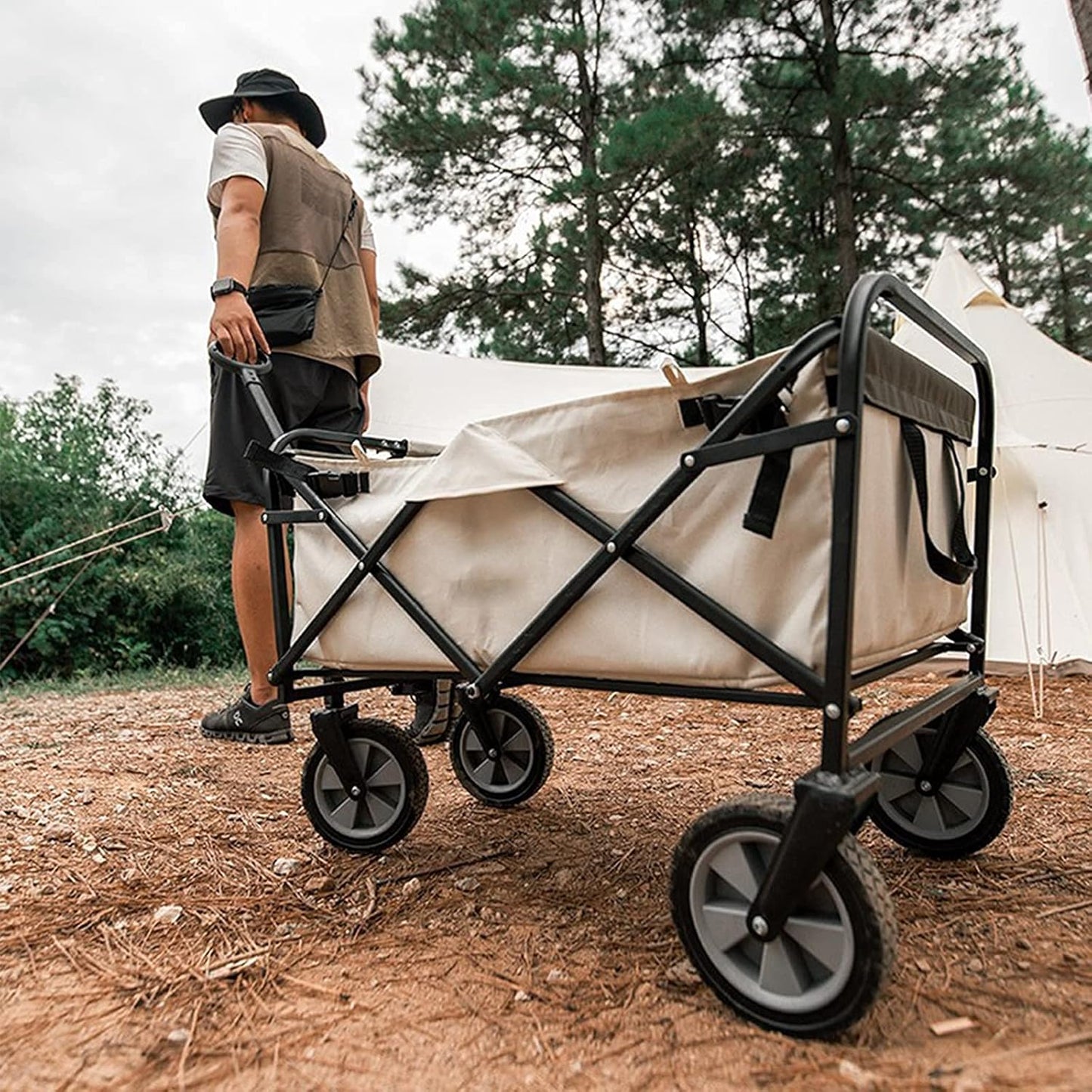 Camping Wagon, Folding Garden Cart, Shopping Trolley Collapsible, Heavy Duty Utility Use with Side Bag and Storage Bag - (Gray) (Gray)