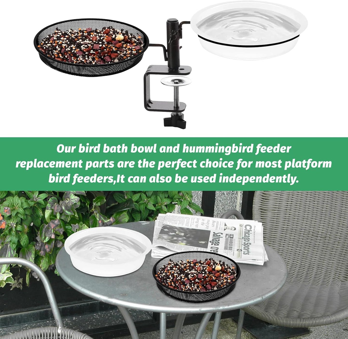 4 Pcs 7 Inch Metal Round Bird Feeder Tray and Plastic Bird Bath Bowl, Wild Birds Seed Tray Bath Water Bowl Outdoor Accessory for Humming Feeder Station (4)