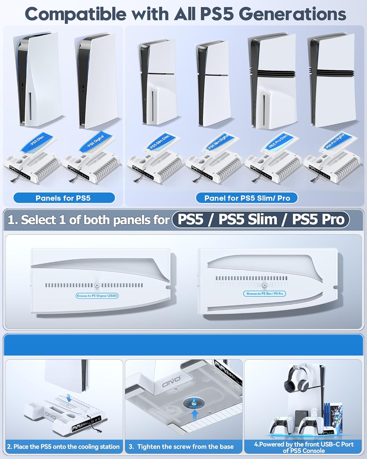 PS5/Slim/Pro Stand and Cooling Station with LED Controller Charging St