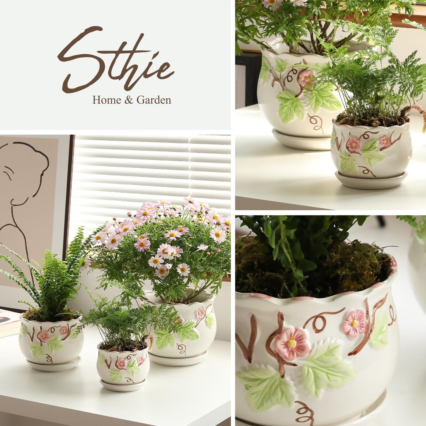 Ceramic Plant Pots with Drainage Holes and Saucers, Round Flower Pots 