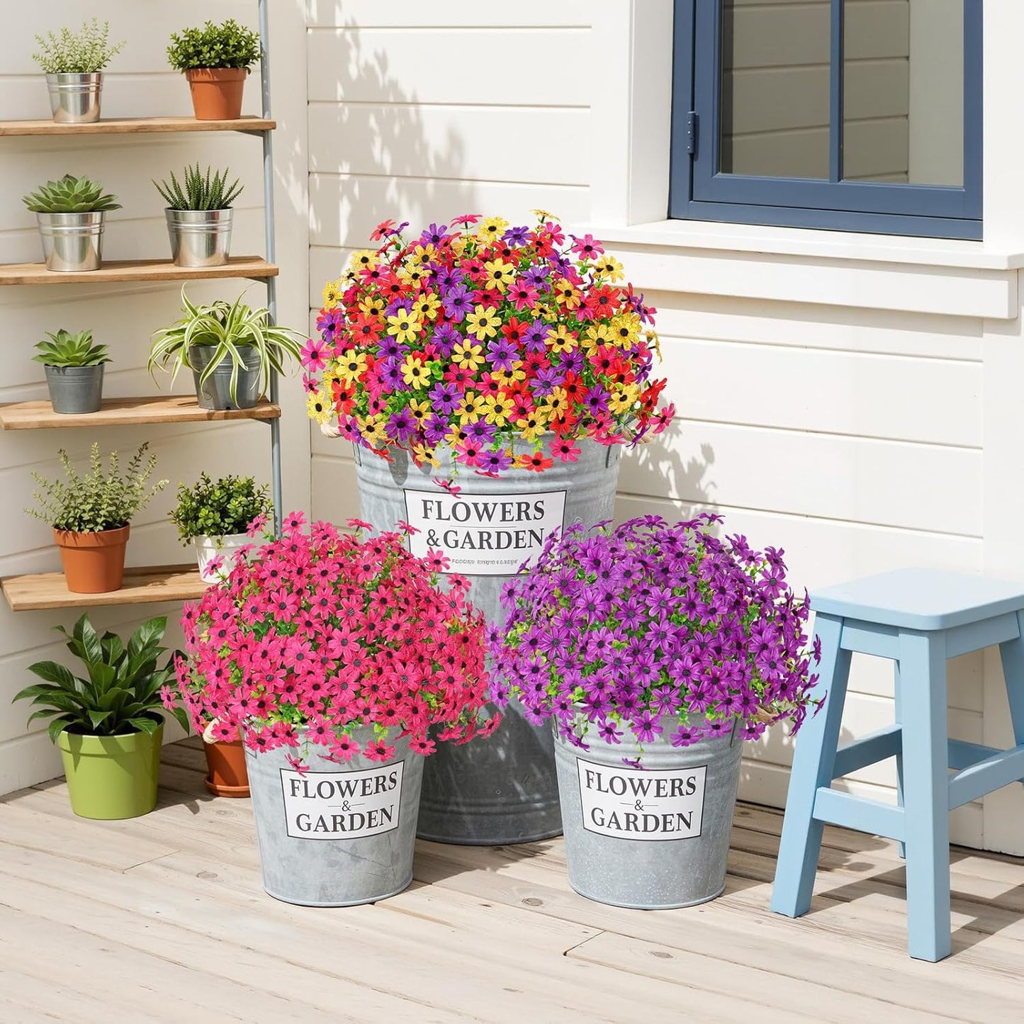 Weldomcor Artificial Flowers Plants for Outdoors 8 Bundles Fake Silk Colorful Daisy Spring Summer Decoration, Faux Greenery Boxwood UV Resistant Outside Decor for Home Garden Porch Yard Pots Planters