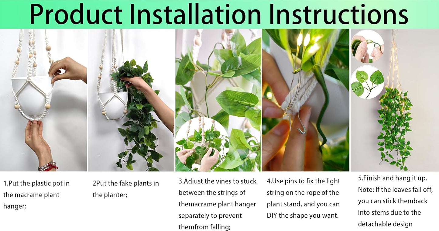 2 Packs Fake Hanging Plant with lights Artificial Plants with Pots for Home Decor Macrame Plant Hanger with Faux Vines Greenery for Bedroom Bathroom Room Ceiling Wall Boho Decor Indoor Outdoor