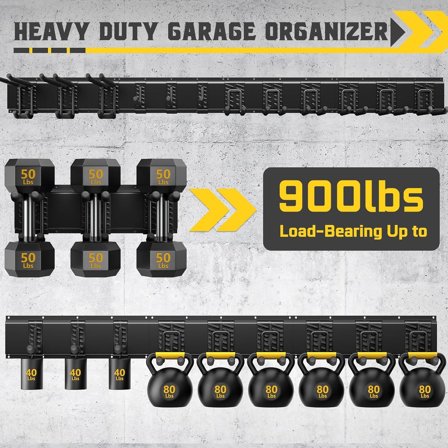 64" Garage Tool Organizer Wall Mount, 900 lbs Heavy Duty Steel Garden Tool Storage Rack with 12 Adjustable Hooks for Yard, Shed, Garage (4 Racks, 12 Hooks, 2 Straps)