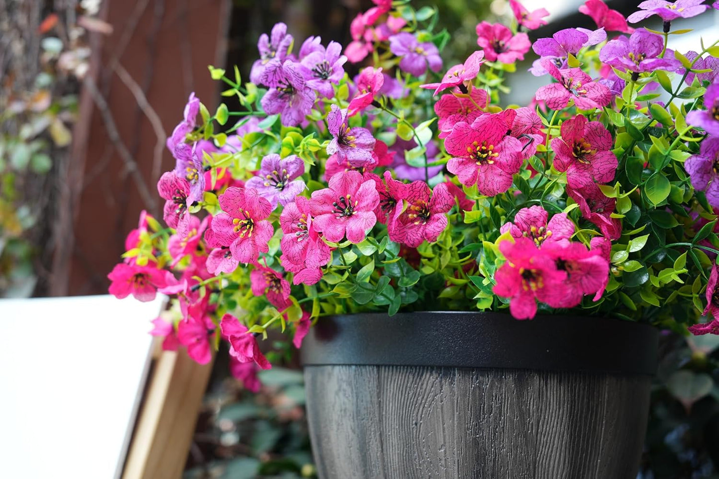 Artificial Faux Outdoor Indoor Plants Flowers for Spring Summer Decoration, 12 Bundles Fake Silk Daisy Eucalyptus Realistic UV Resistant for Outside Planter Pot Window Porch .（Purple and pink）