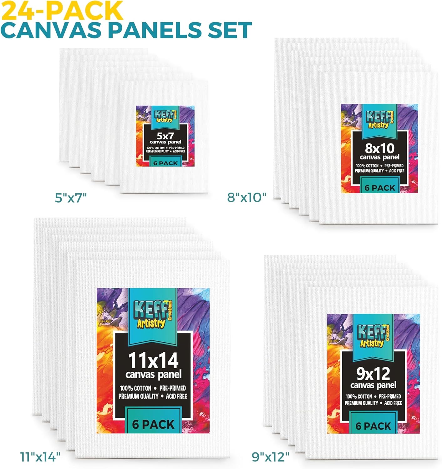 KEFF 24-Pack 𝗣𝗥𝗘𝗠𝗜𝗨𝗠 Canvas for Painting, 6 of 5x7, 8x10, 9x12,