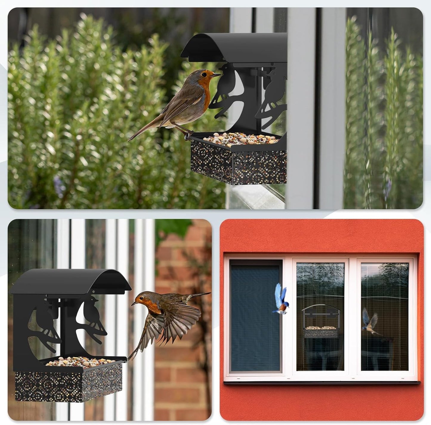 Window Bird Feeder with Heavy-Duty Adhesive Hooks for Outside,All-Season Metal Winter Bird Seed Feeder for Ultimate Window Viewing, 2-Pack (Black)
