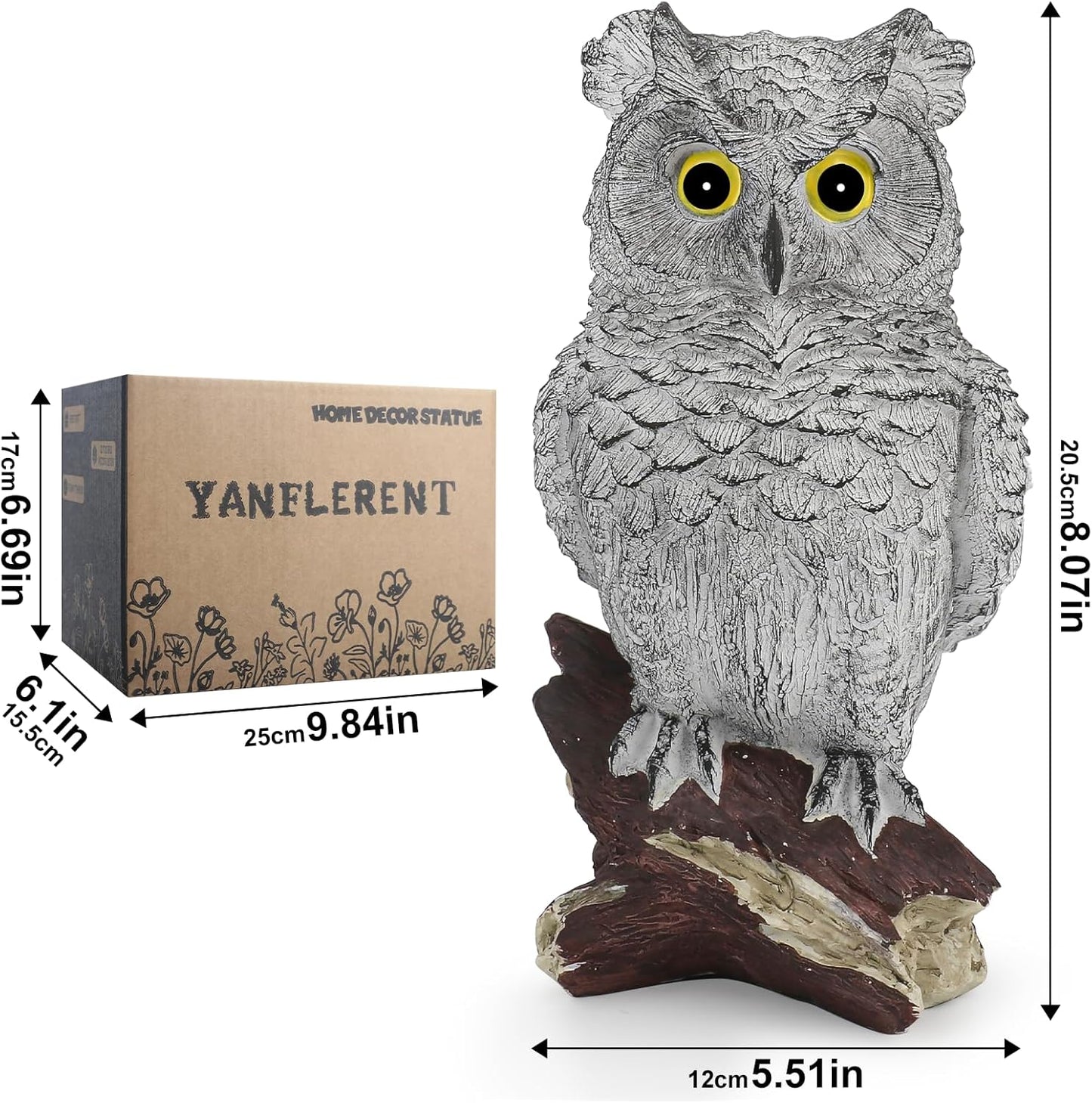 Owl Statue Figurine Home Decoration, Hand-Painted Owl on Branch, Waterproof, Fade-Proof Sculpture for Garden, Patio, Home Decor Statue (Gray)