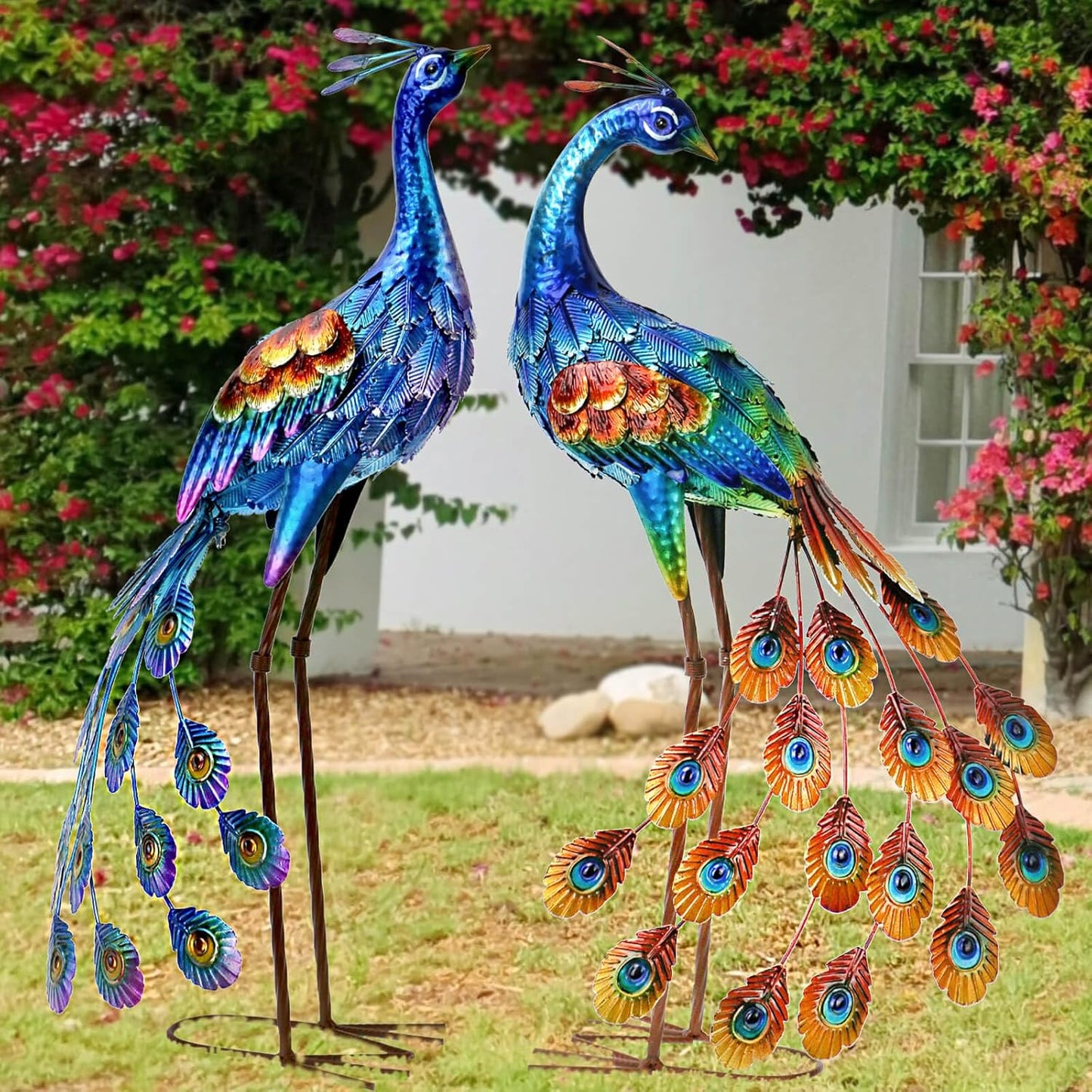 Kircust Peacock Garden Statue and Sculpture, Metal Peacocks Yard Art Lawn Decor, Large Birds Garden Sculptures & Statues for Patio Backyard Pond Home Decoration