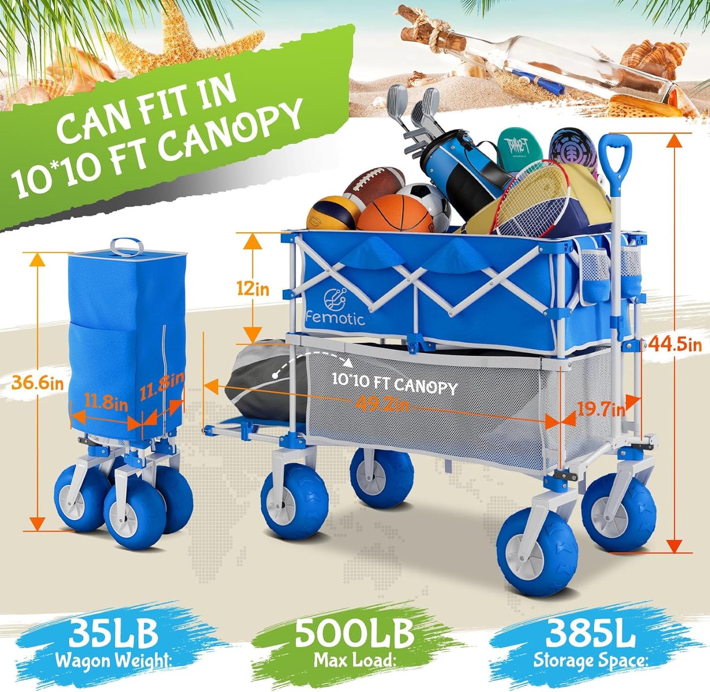 Beach Wagon with Big Wheels for Sand,Heavy Duty Double Decker Wagon with Extender,385L Extra Large Foldable Wagon Cart with 9" All Terrain Inflatable Tires,for Beach Camping Garden and Sports, Blue