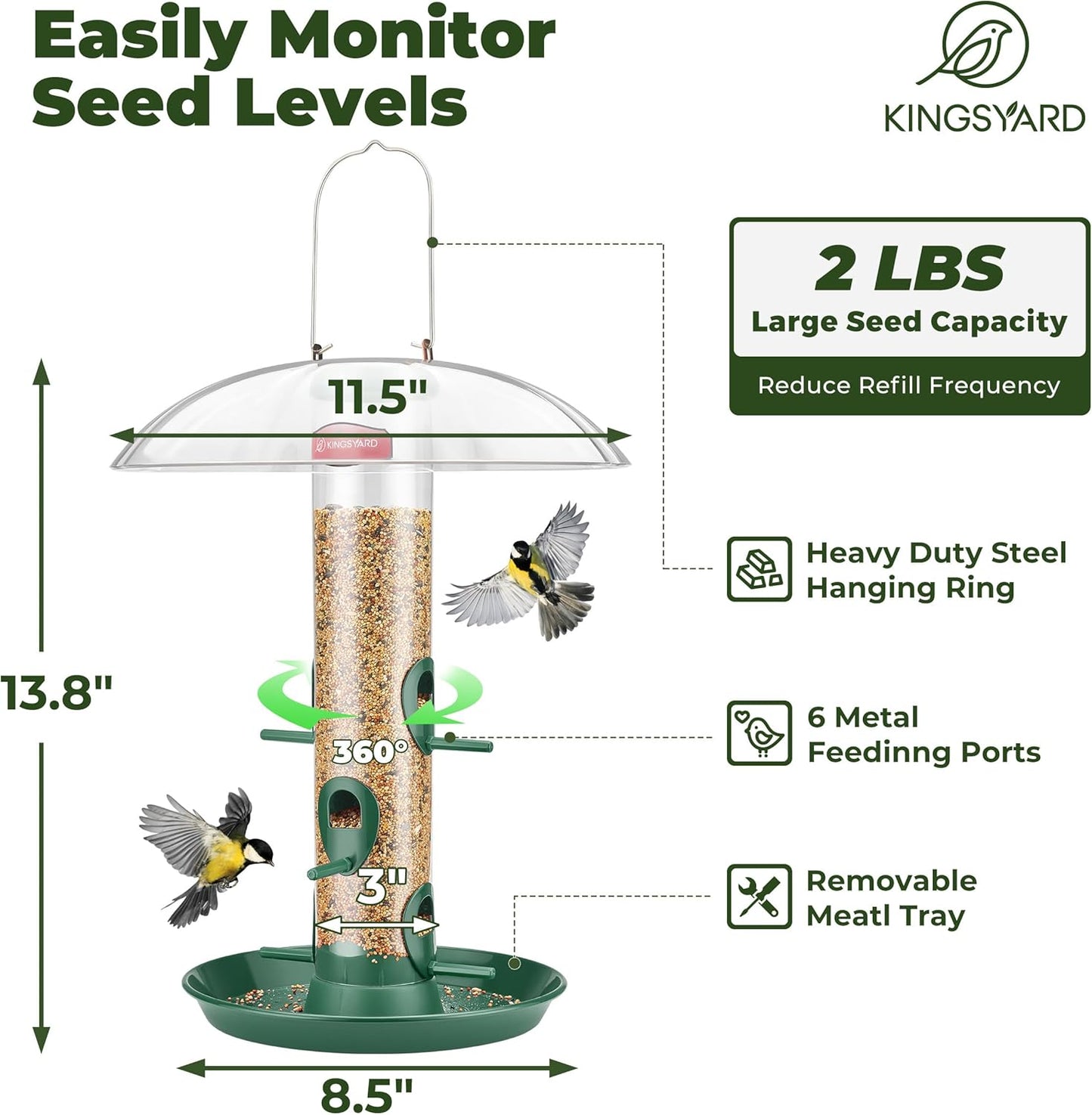 Kingsyard Metal Bird Feeders for Outdoors Hanging, Wild Bird Feeder with Large 11.5" Protective Dome and 8" Removable Tray, 3 lb Seeds Capacity (Green)