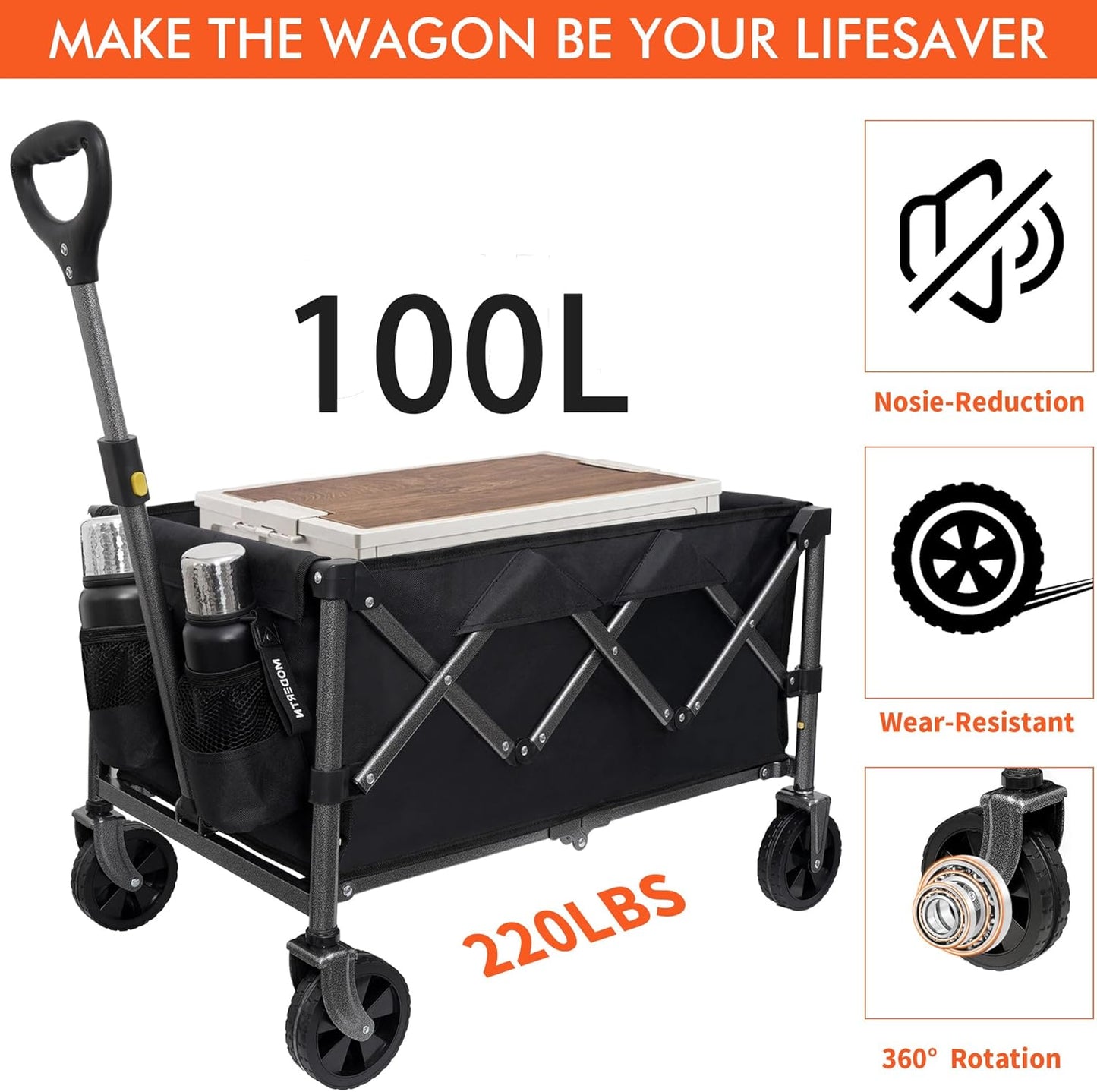 Collapsible Wagon Cart with Wheels Foldable，220lbs Weight Capacity,100L Shopping Cart for Groceries Folding Utility Wagon for Beach, Garden, Camping, Sport, Black