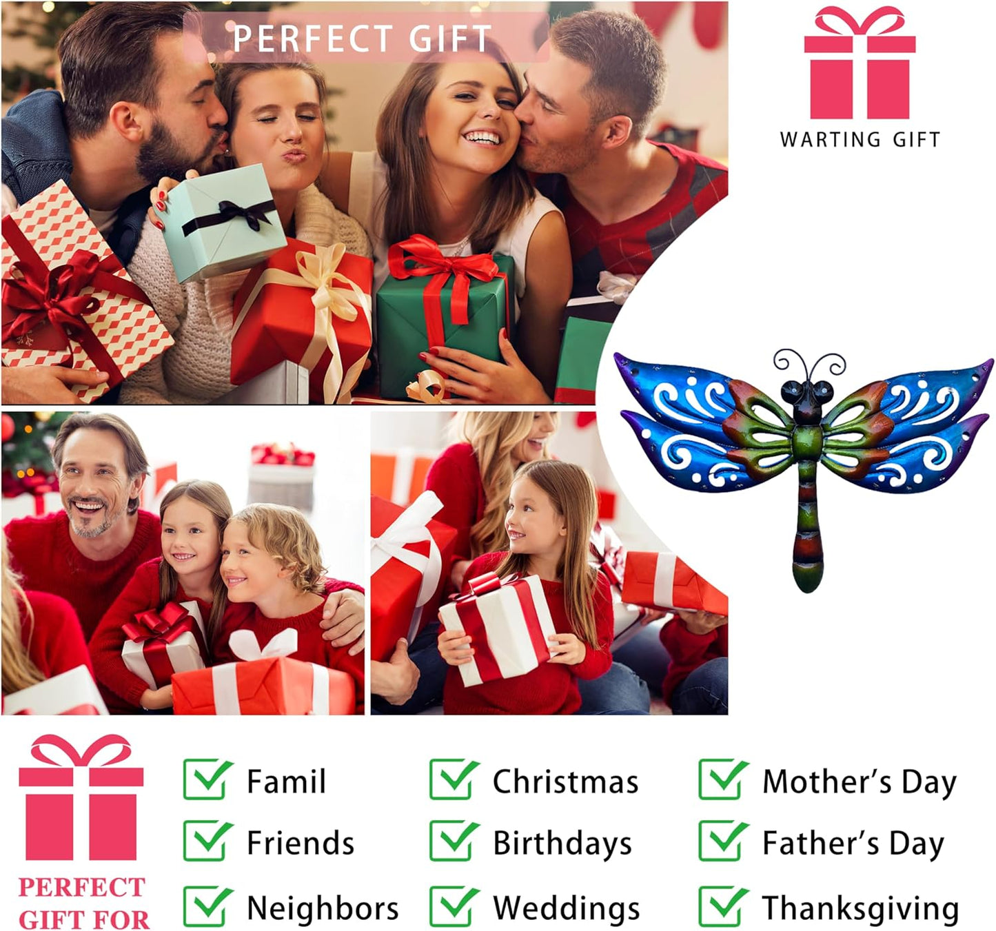 WAIU Solar LED Dragonfly Metal Wall Art, Outdoor Waterproof Garden Lights for Yard Fence Patio Outside Decor