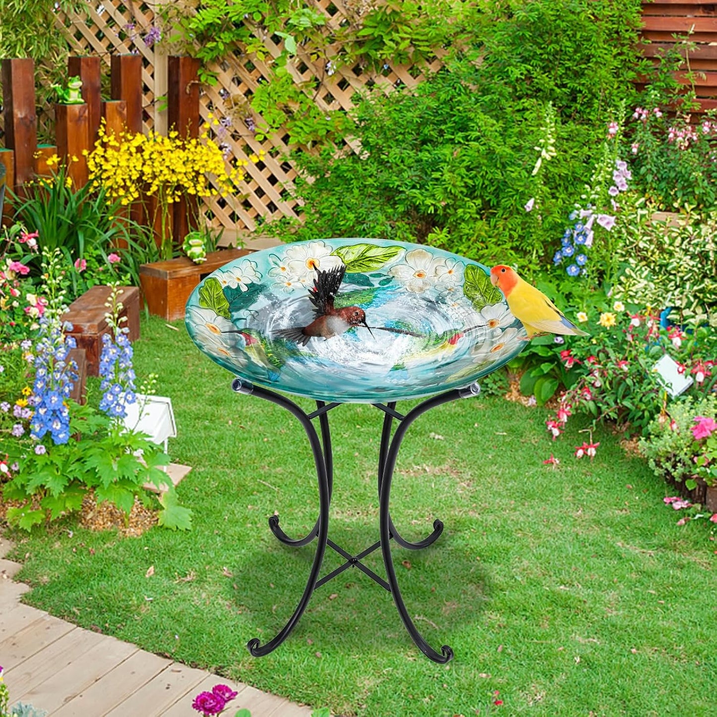 MUMTOP Bird Baths for Outdoors, Hummingbird Glass Large Bird Bath Bowl with Metal Stand, 18 Inch Bird Feeders for Outside and Garden, Patio,Lawn Decor (Hydrangea)