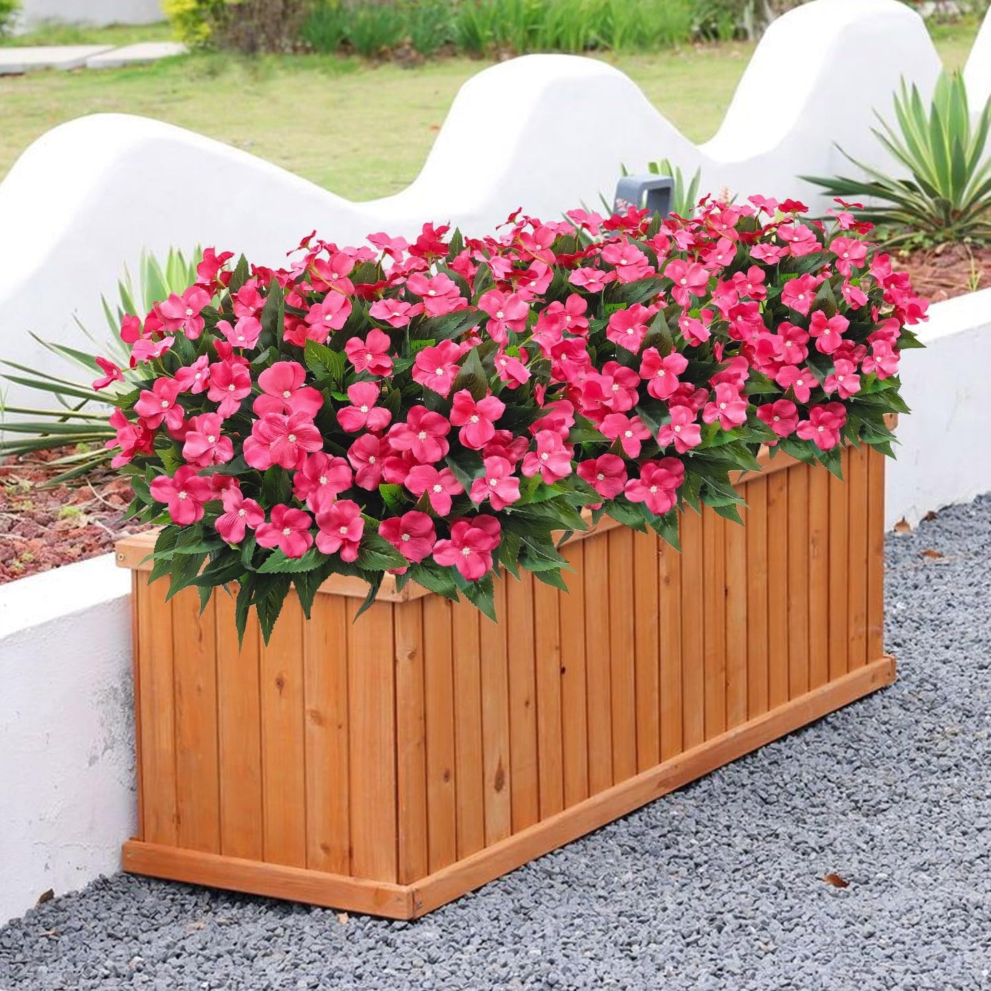 8 Bundles Artificial Impatiens for Outdoors UV Resistant Artificial Outdoor Flower Bouquet Fake Flowers Faux Plants Silk Flowers for Outside Front Porch Garden Window Box Planter Decor(Rose Red)