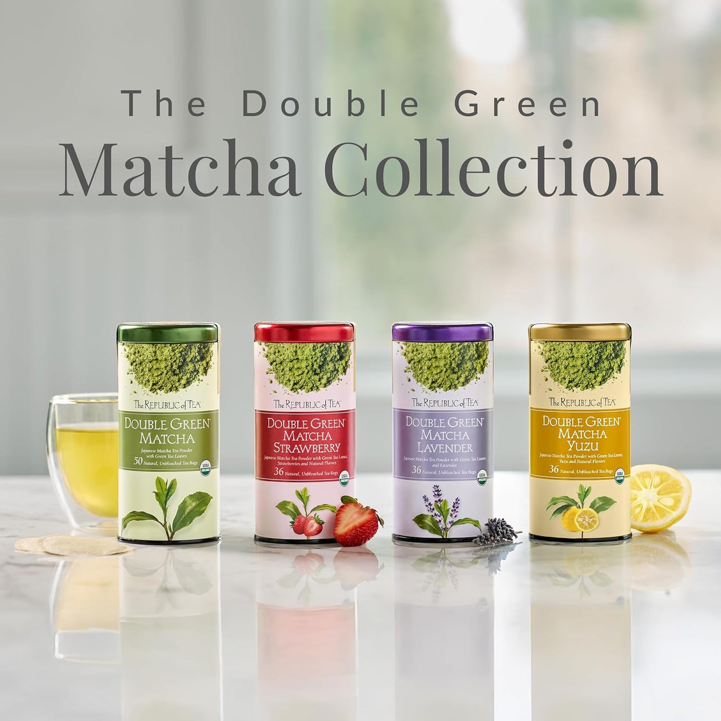 The Republic of Tea Organic Double Green Matcha, Individual Tea Bags with Japanese Matcha Tea Powder and Green Tea Leaves Blend, Natural Unbleached Bags in Reusable Tin Canister, 50 Tea Bags