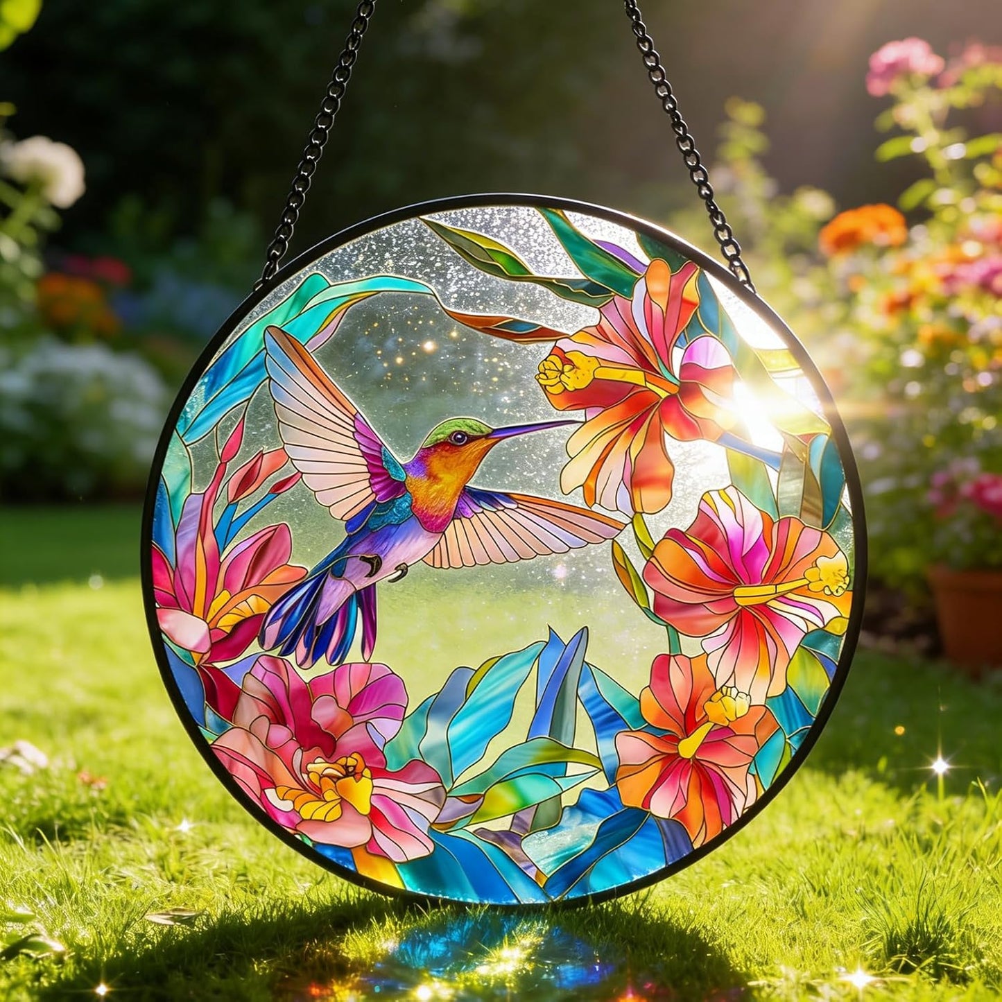 Hummingbird Stained Glass Suncatcher - 7.87" Real Glass Window Hanging with Metal Chain, for Indoor Outdoor Home Garden, Gift for Bird Lovers