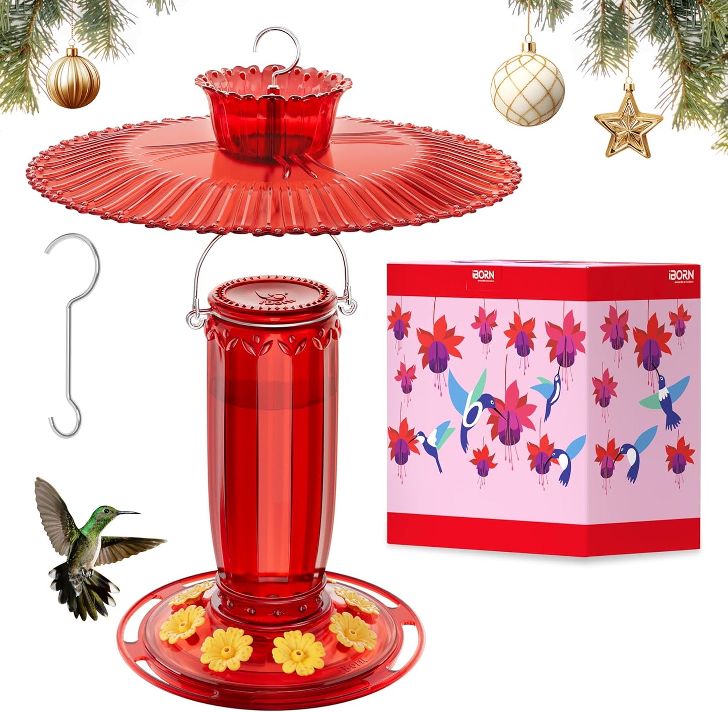 iBorn Hummingbird Feeders for Outdoors Hanging w/Sun Baffle,Ant Proof Moat for Hummingbird Feeder Glass, 8 Ports 16oz Humming Bird Nectar,Red Glass, Red Base,Pack of 1,2025 New