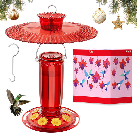 iBorn Hummingbird Feeders for Outdoors Hanging w/Sun Baffle,Ant Proof Moat for Hummingbird Feeder Glass, 8 Ports 16oz Humming Bird Nectar,Red Glass, Red Base,Pack of 1,2025 New