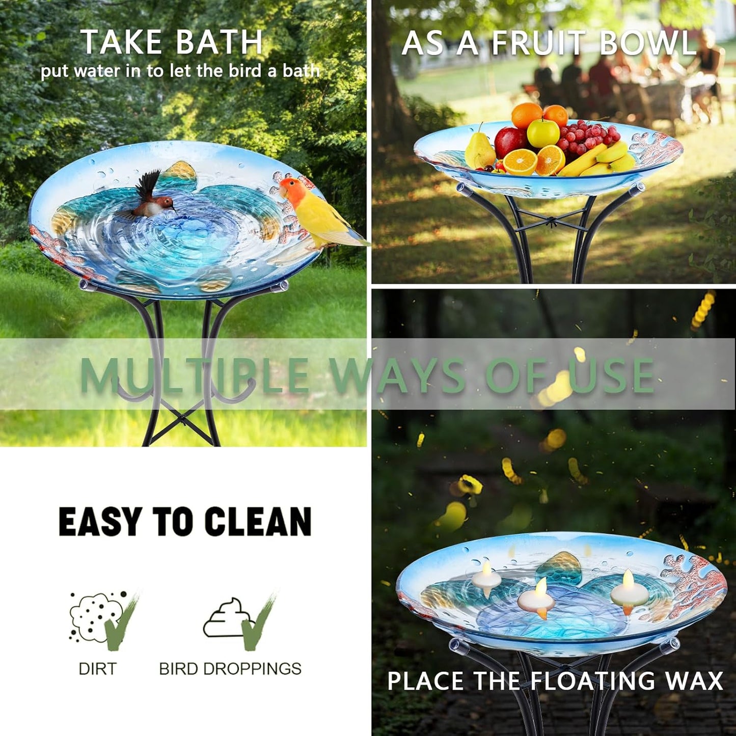 MUMTOP Bird Baths for Outdoors, Sea Turtle Glass Large Bird Bath Bowl 