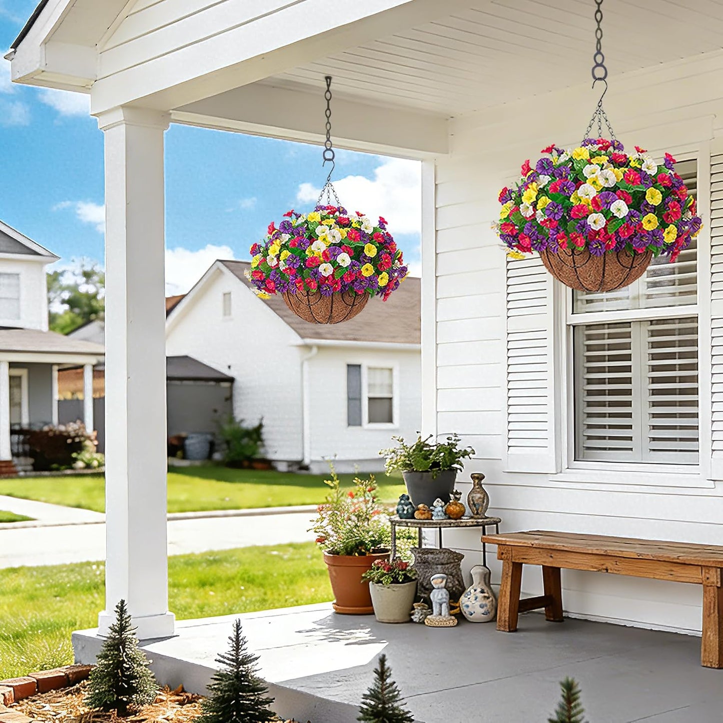 Artificial Fake Hanging Flowers with Basket, Faux Silk Morning Glory Flower Arrangement for Spring Summer Decor, Hanging Plant for Patio Garden Porch Outdoor Decor