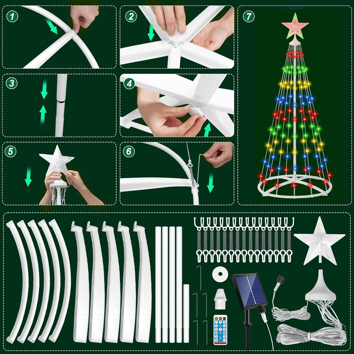 IDEAALS 4FT 118LED Outdoor Solar Christmas Cone Tree Lights, 8 Modes Timer Remote RGB Christmas Tree Lights with Star Topper for Xmas Yard Porch Patio Holiday Decor