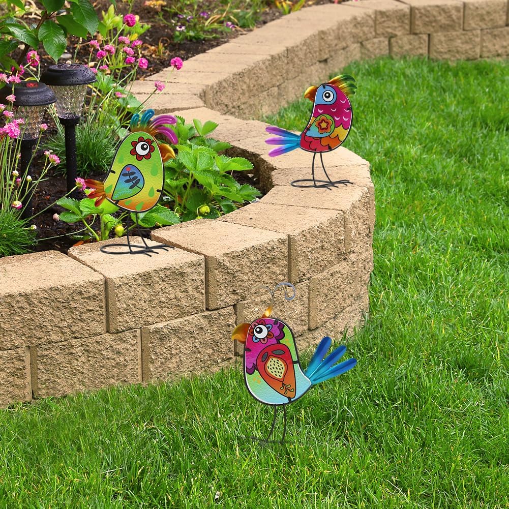 3 Pack Garden Outdoor Metal & Glass Bird Yard Art Decor, Yard Art Deco