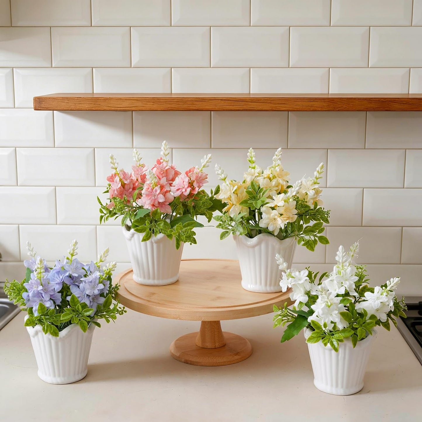 LUEUR 4PCS Artificial Spring Flower with Ceramic Pot, Spanish Dagger Plants Centerpiece Table Decorations – Faux Plants in Ceramic Planters for Dining Table, Coffee Table, Home, Office & Spring Decor