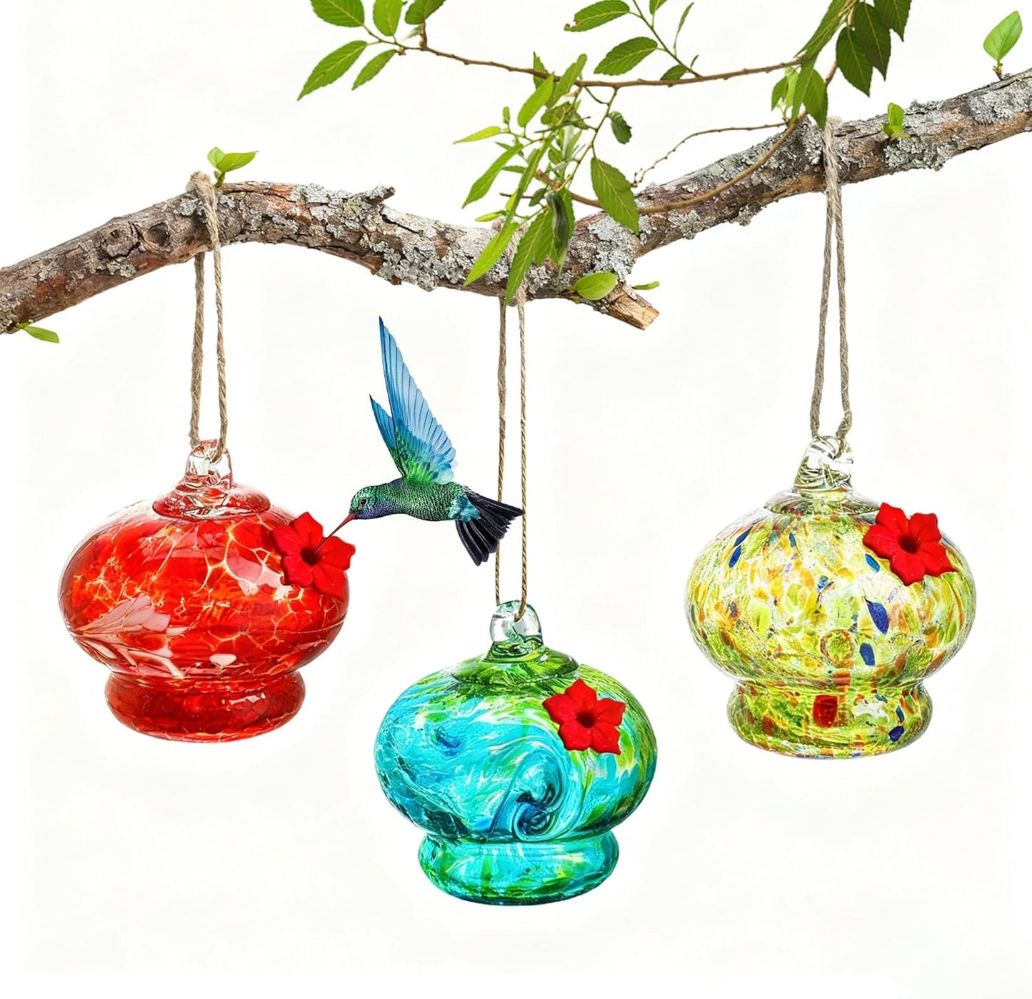 Glass Hummingbird Feeder with Flower Feeding Ports 3in Blown Glass Hum