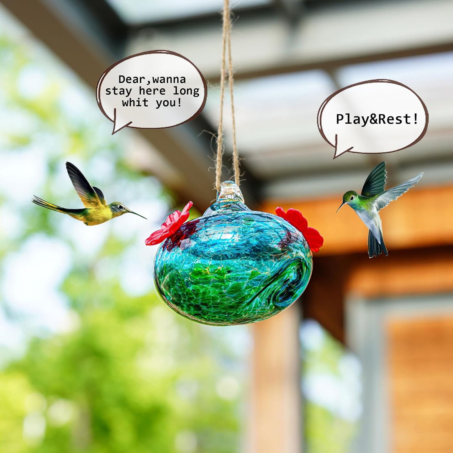 3inch Blown Glass Hummingbird Feeders for Outdoors Small Glass Hummingbird Feeders to Attract Hummingbirds Ant and Bee Resistant Round Feeder Unique Gifts for Woman - 2 Feeding Ports