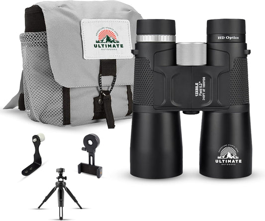Ultimate Outdoors 12x50 HD Binoculars for Adults – Powerful Waterproof Binoculars with Phone Adapter & Tripod Mount | BaK-4 Prism for Bird Watching, Hunting, Stargazing, Travel & Cruise