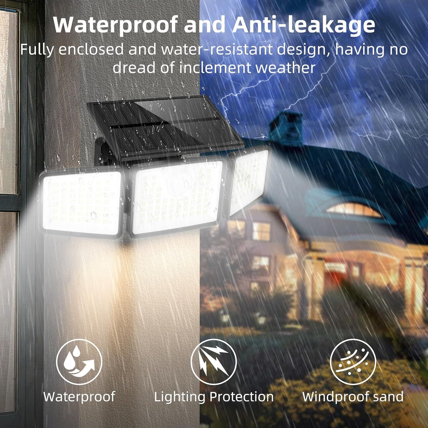 2500LM Solar Lights Outdoor with Motion Sensor,3 Head 270° Wide Angle 