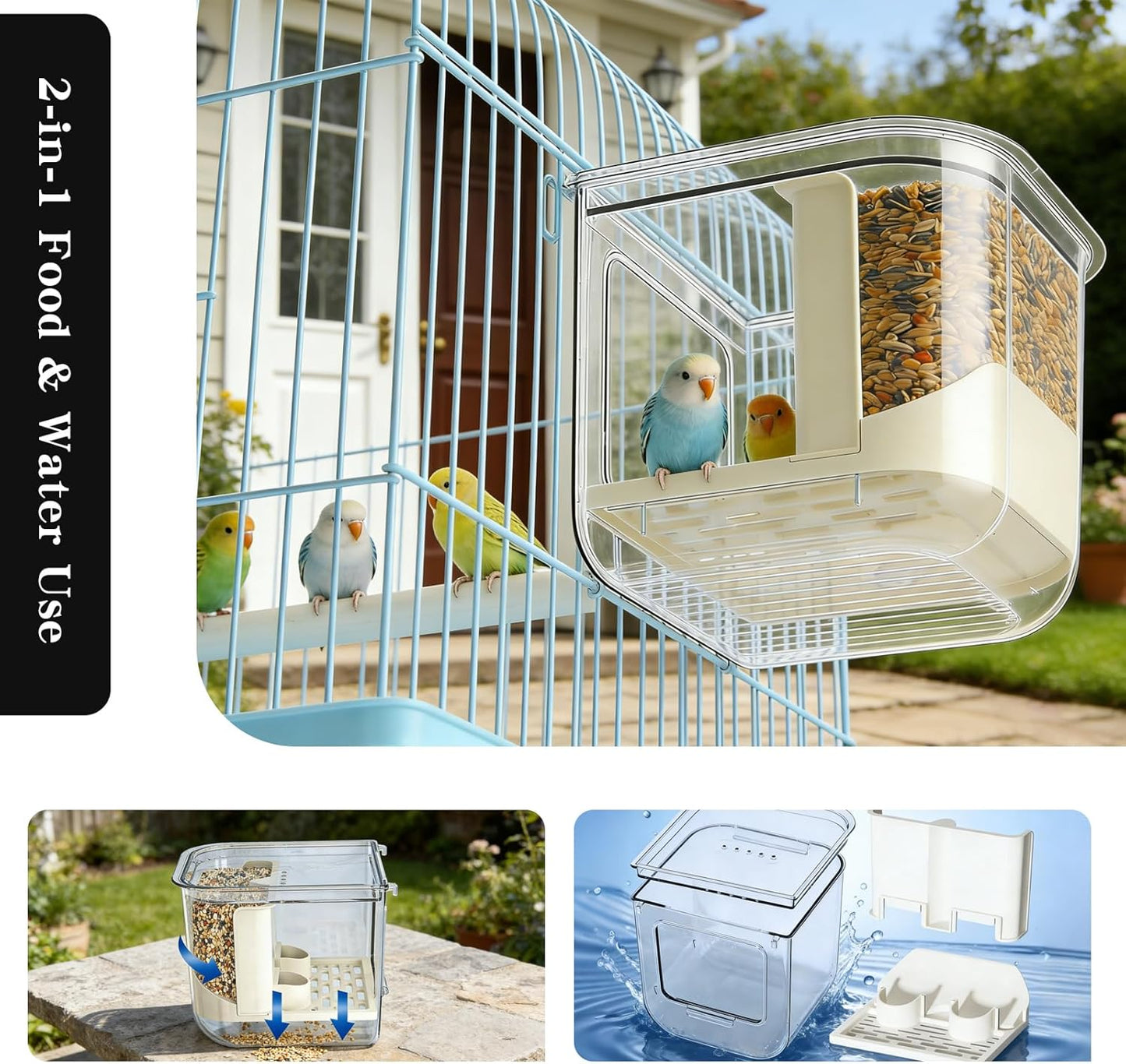No Mess 2-in-1 Bird Cage Feeder & Water Feeder, Double Station Transparent Parrot Feeder, Bird Cage Accessories for Budgies Lovebirds Conures Cockatiels