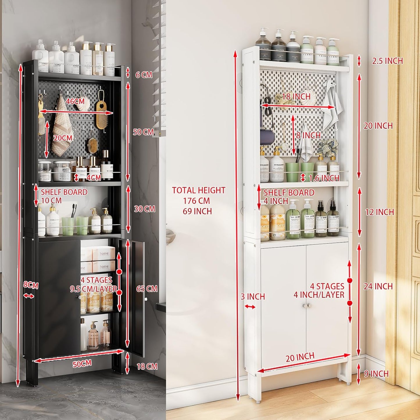 ABCOOL Behind Door Organizer Cabinet Shelf Rack, 2 Pegboard Panels for Garage and Garden Tool Storage, Tall Floor Standing Metal Organizers
