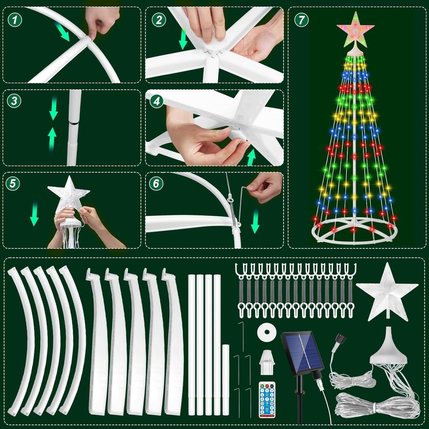 IDEAALS 5FT 154LED Outdoor Solar Christmas Cone Tree Lights, 8 Modes Timer Remote RGB Christmas Tree Lights with Star Topper for Xmas Yard Porch Patio Holiday Decor