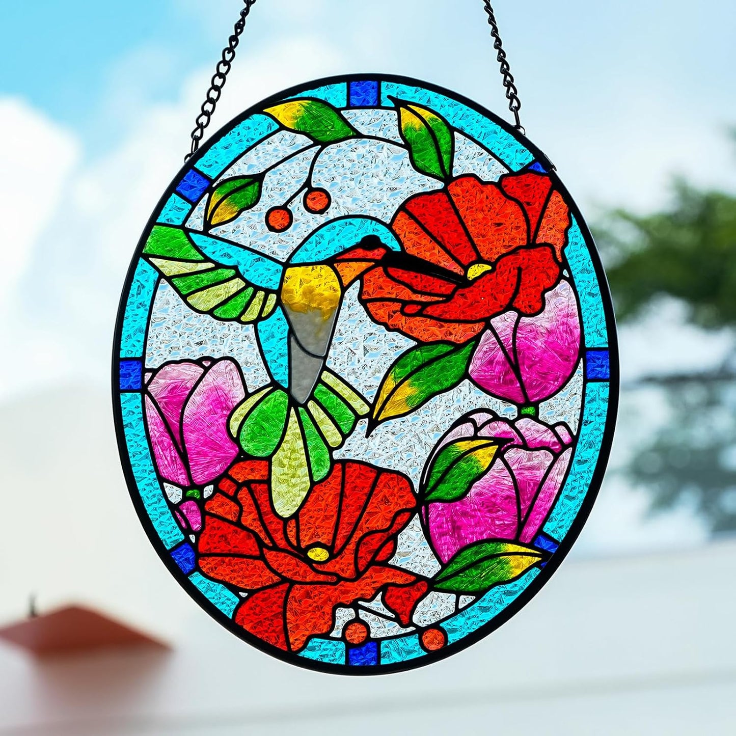 Stained Glass Window Hangings Decor Hand-Painted Pendant Suncatcher Panel with Chain (10x8 Hummingbird)