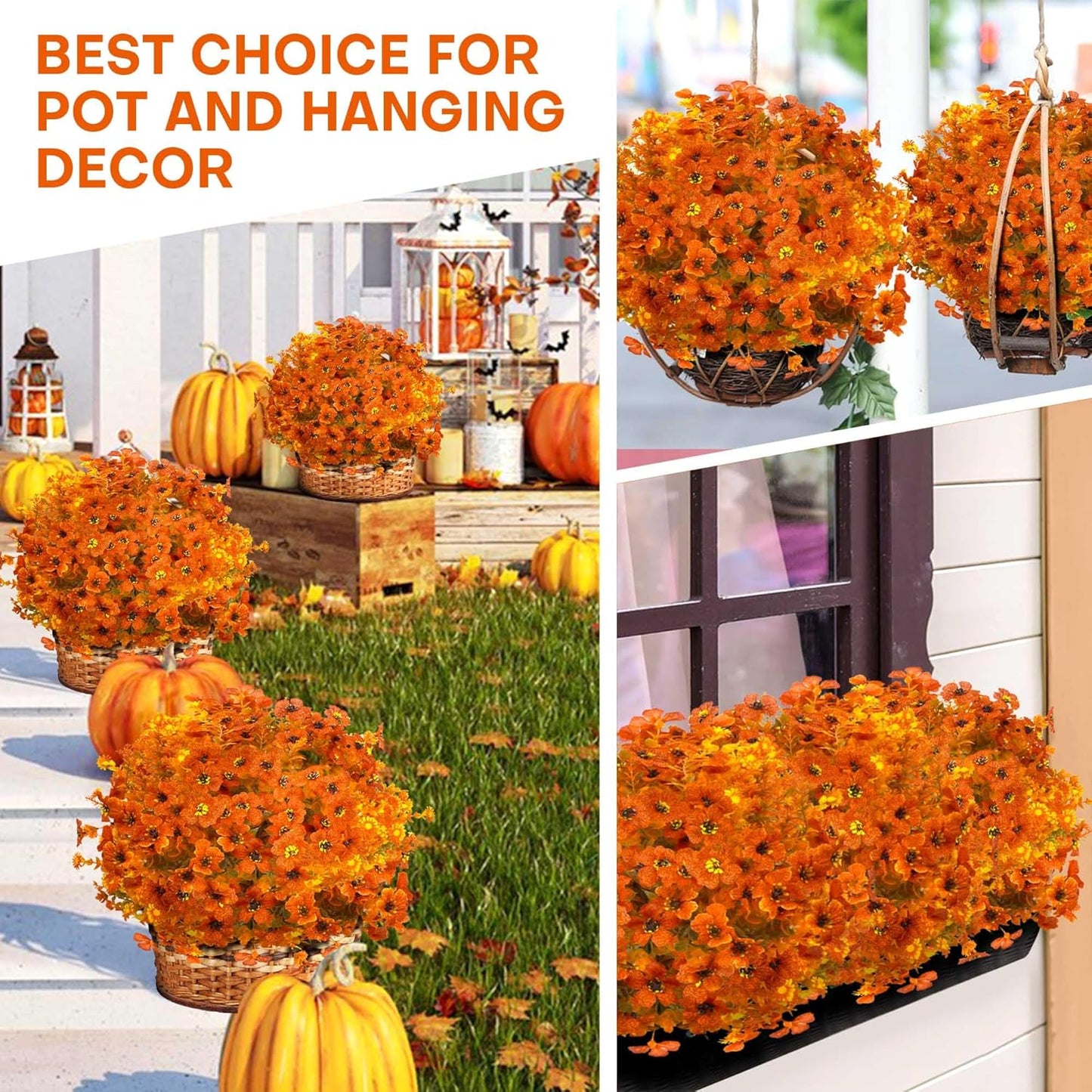 16 Bundles Artificial Mums for Outdoors Garden Home Decoration Fake Mums UV Resistant Fake Mums Silk Faux Flower Plastic Plants for Outside No Fade Fall Decor for Front Porch Pot Decor