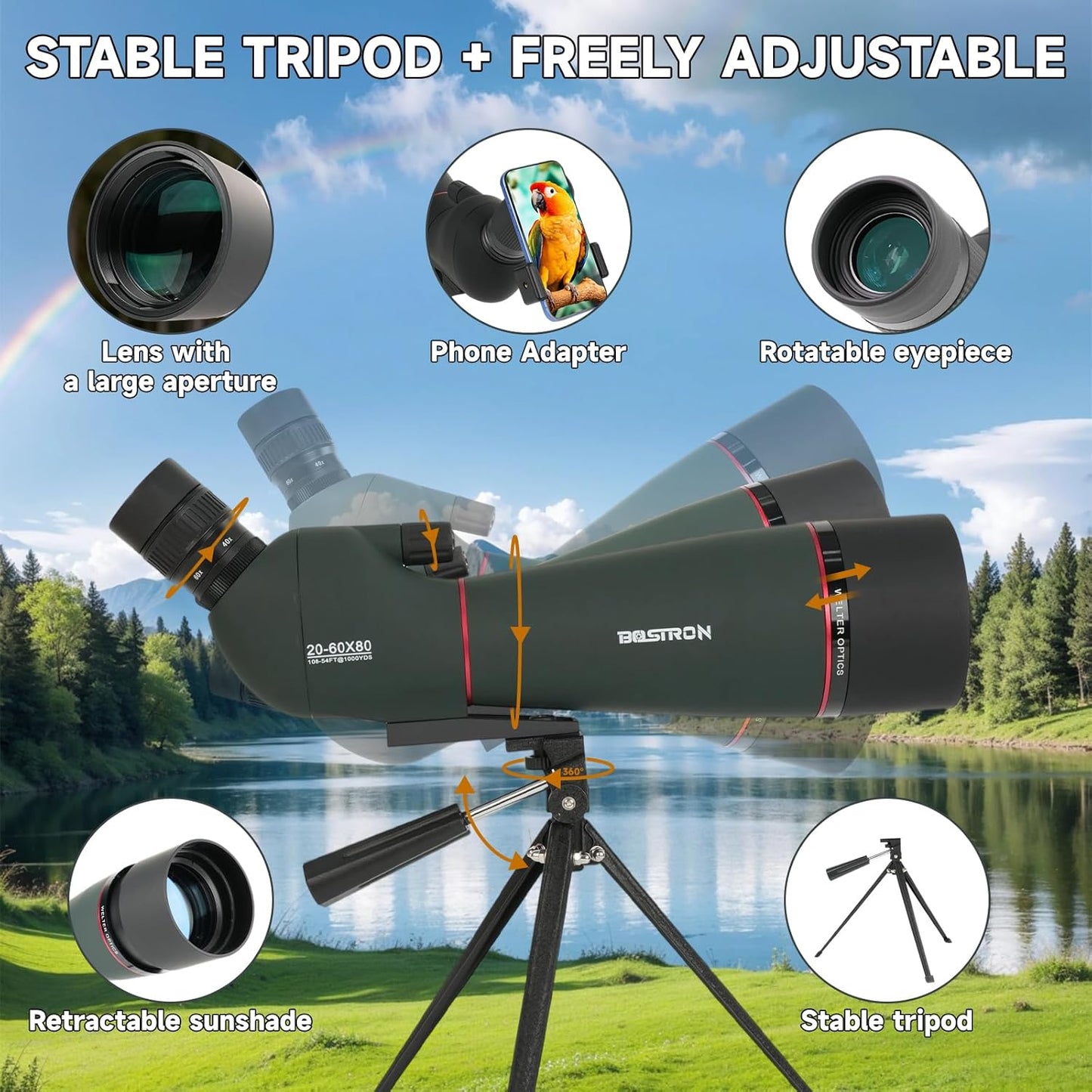 20-60x80 Spotting Scope - Spotting Scopes with Tripod Phone Holder, BAK4 FMC Waterproof Spotter Scope for Bird Watching, Target Shooting, Stargazing Dark Green