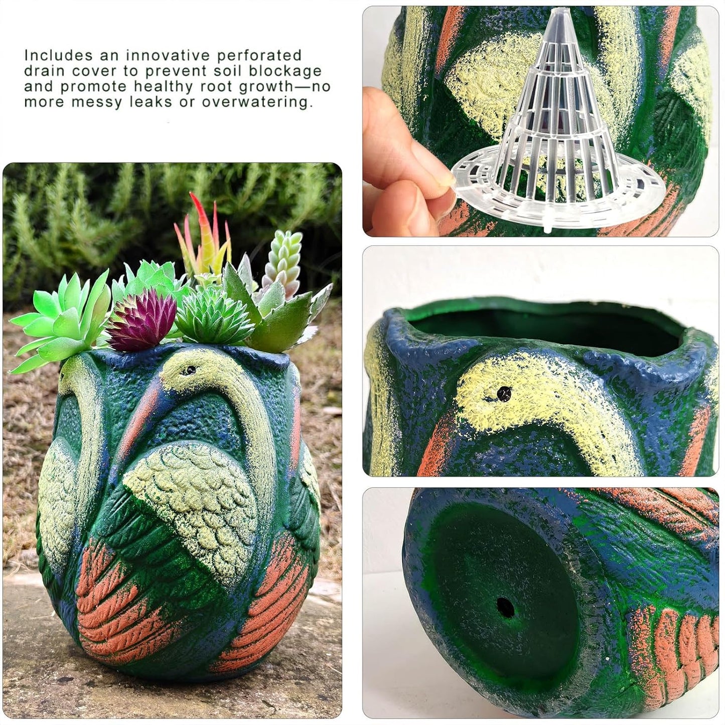 Ceramic Flowerpot with Bird Glaze Patterns,Vintage-Inspired Oval Thick Green Glaze Cylindrical Planter for Succulents Indoor Outdoor Decor
