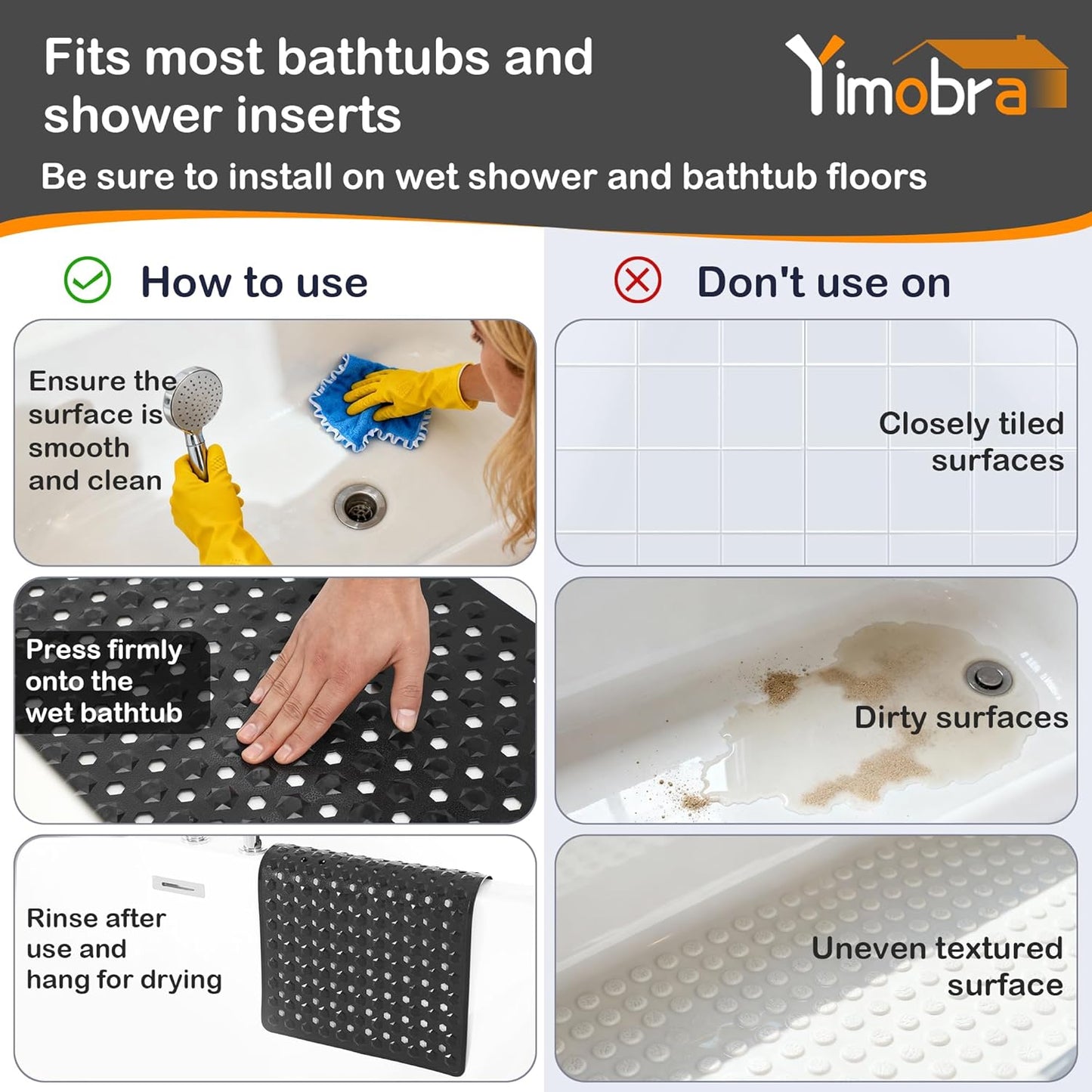 Yimobra Bath Tub Mat Non Slip, 34.5"x15.5" Long Shower Mat, Machine Washable Bathmat with Drain Holes and Suction Cups, Soft on Feet, Bathroom Essentials, Black