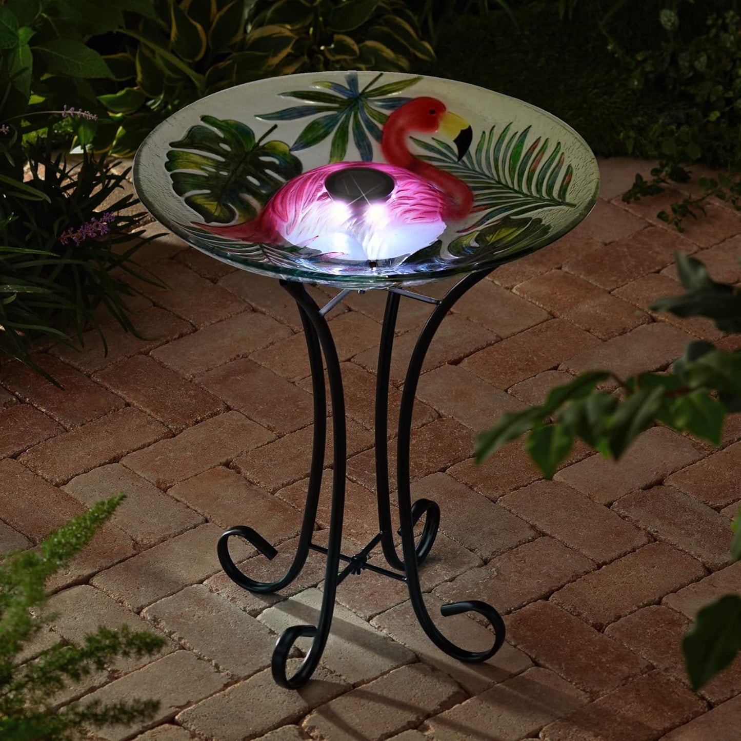 Hi Line Gift Ltd. Solar LED Verdant Glass Bird Bath with Stand - Flamingo