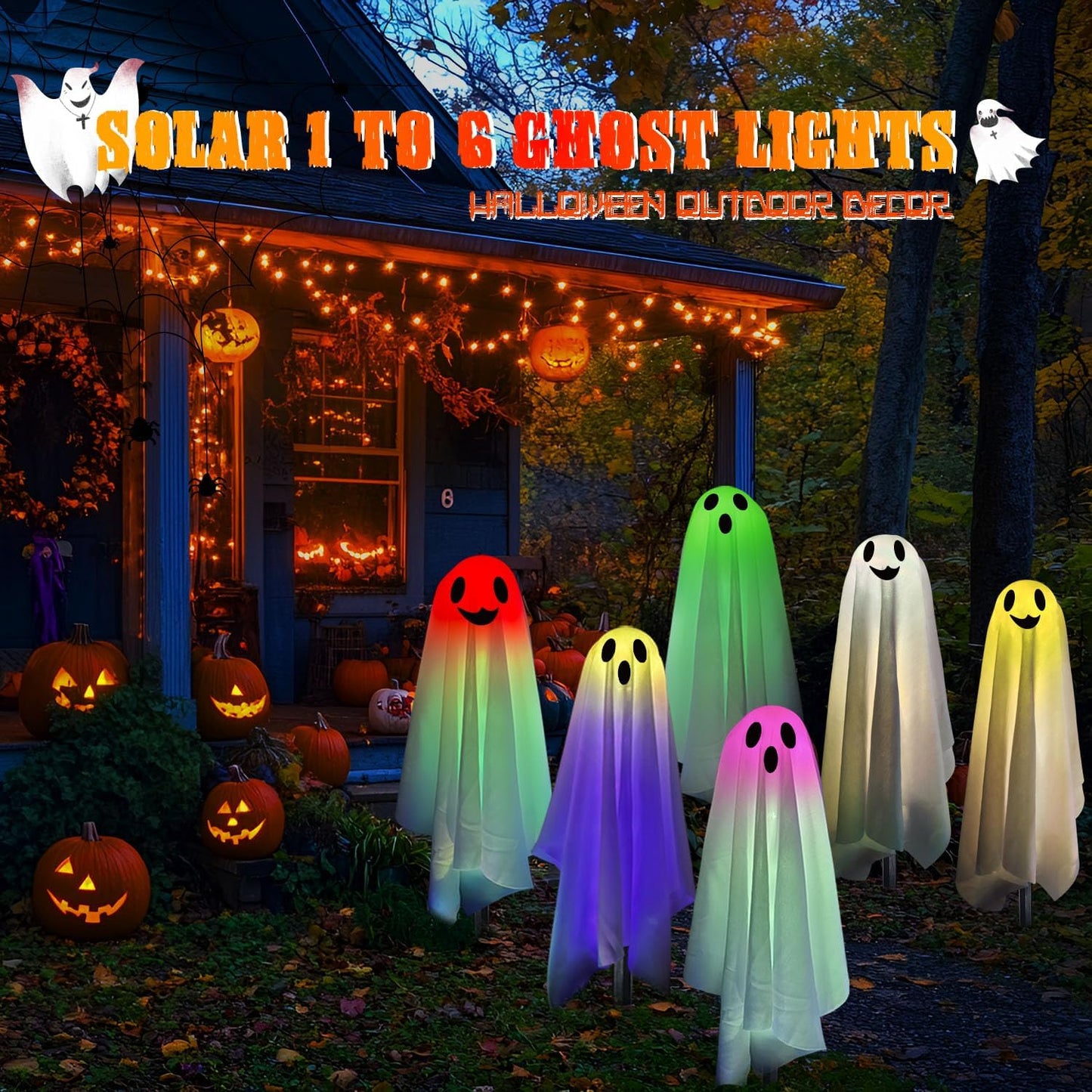 Halloween Ghost Pathway Lights with Stakes, 6PCS Solar Colorful Light Ghost Decorations, Waterproof Outdoor Lights for Yard, Lawn, Driveway, Halloween Decor