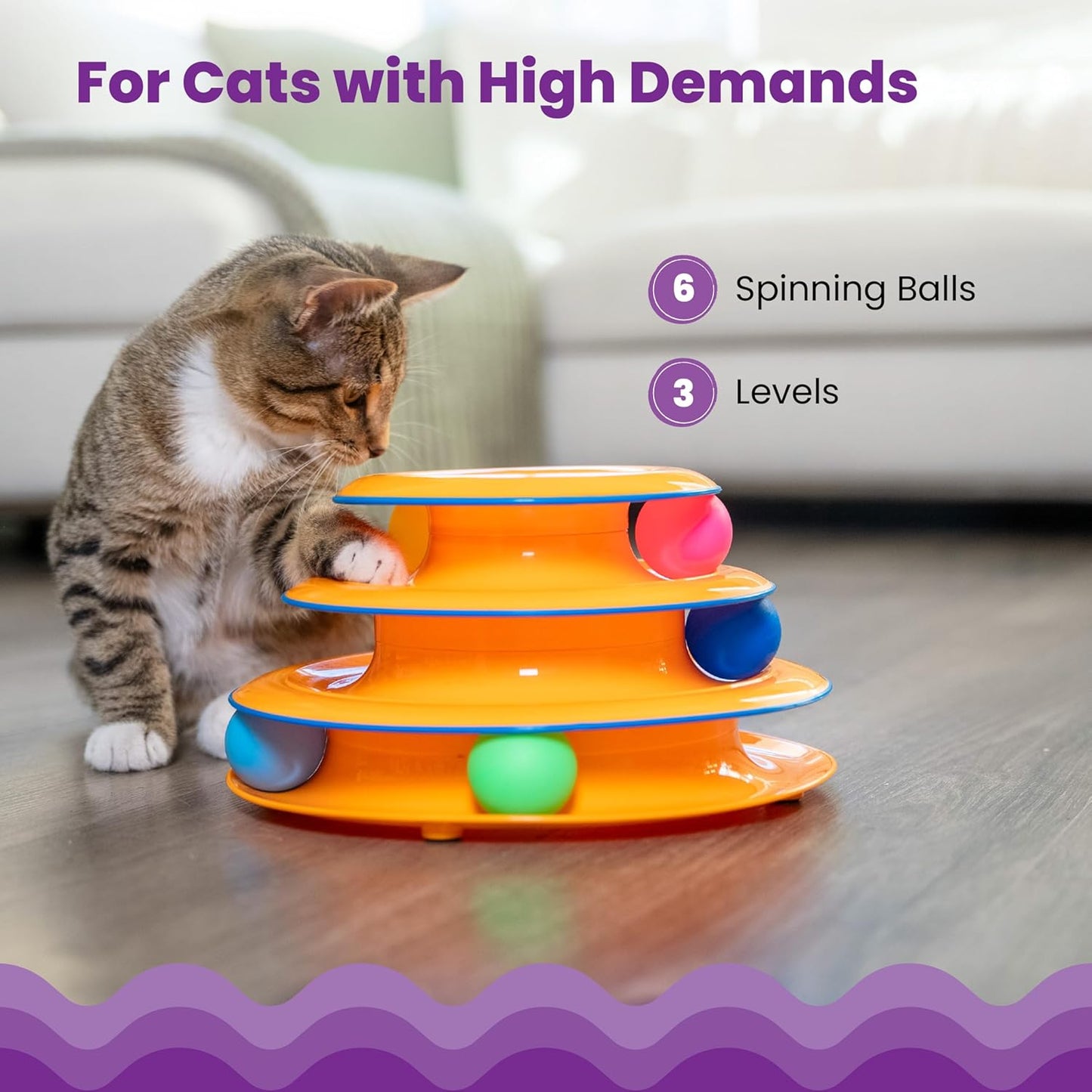 Catstages Tower of Tracks Cat Toy – 3-Level Track Tower with 6 Balls, 
