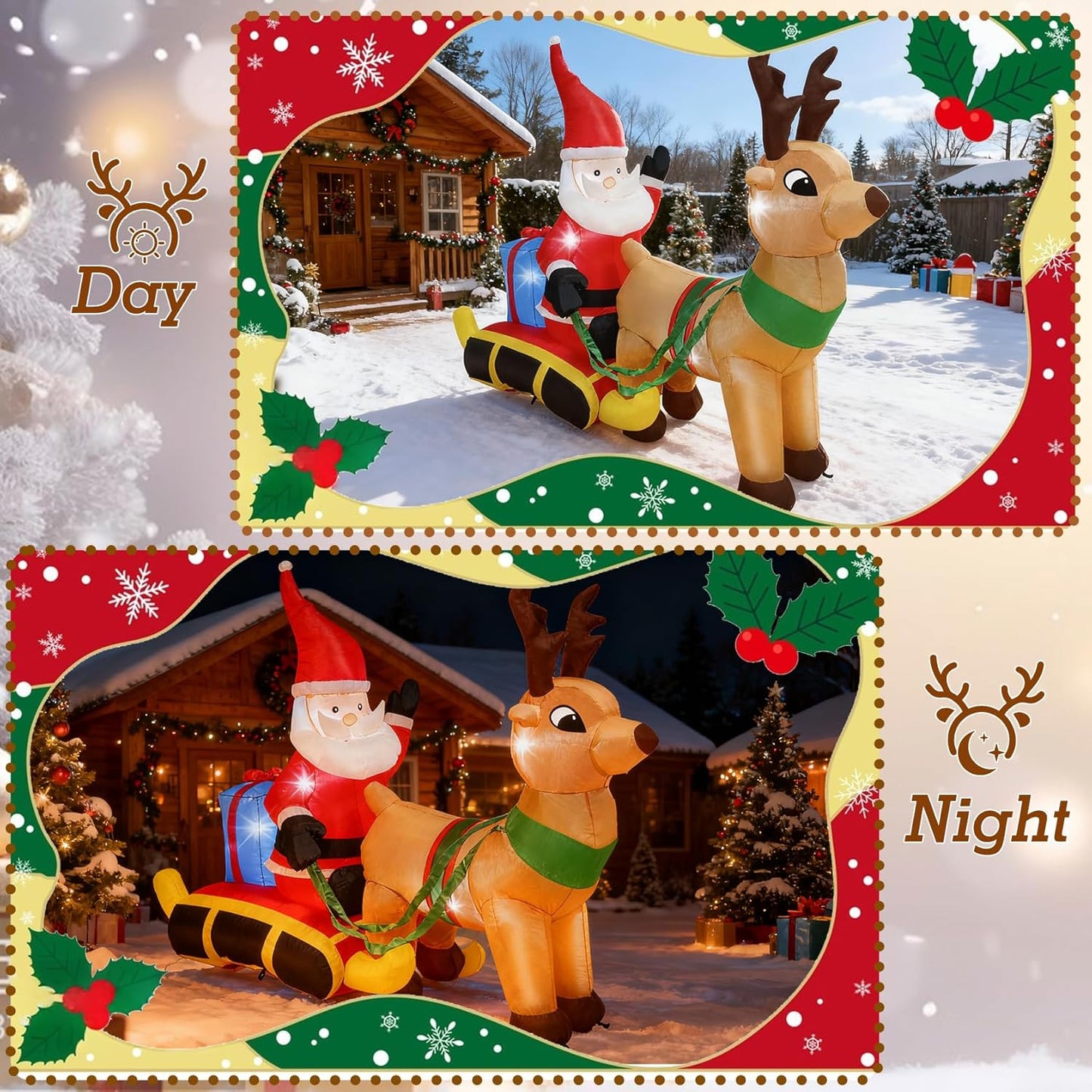7.2 Ft Length Christmas Inflatable Santa on Reindeer Sleigh Decoration, Durable Blow Up Decoration Built-in LED Light, Christmas Inflatables for Garden Patio Lawn Home Indoor Winter Holiday Party