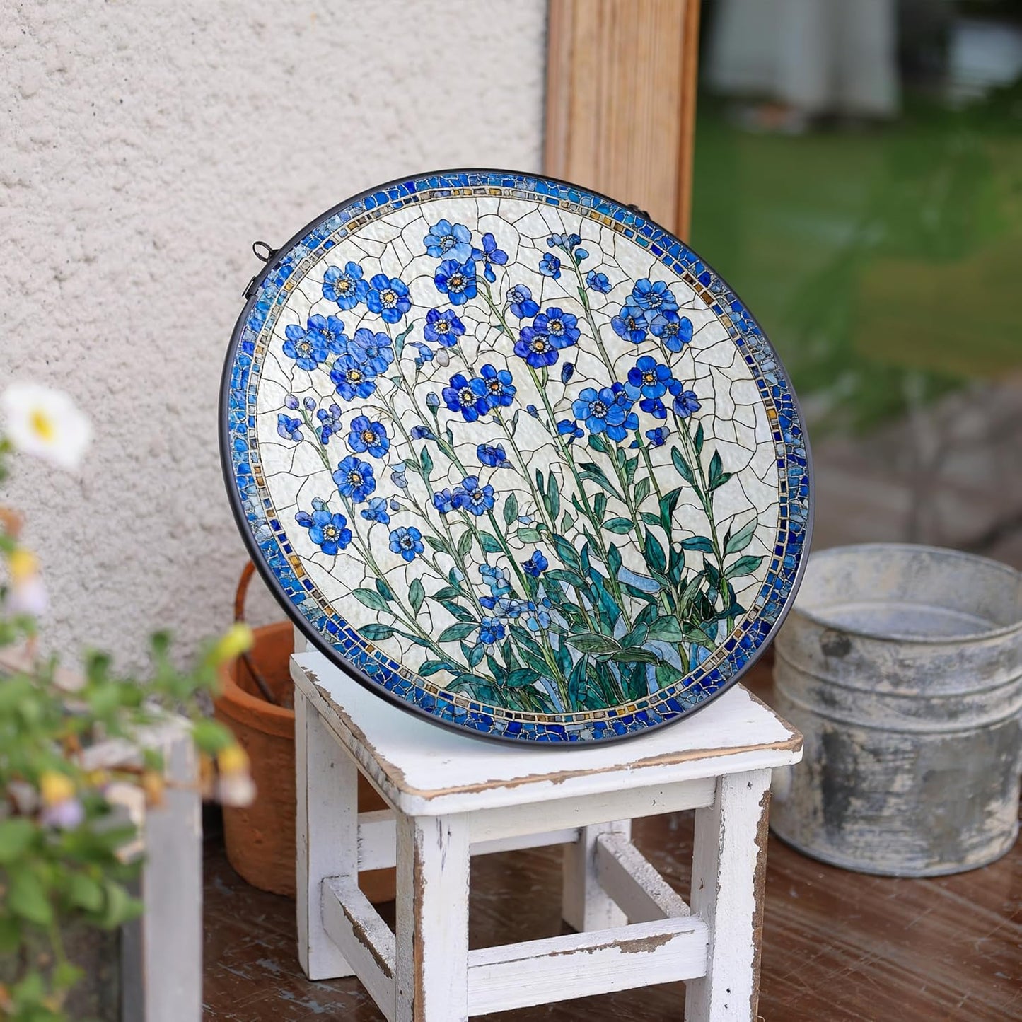 Forget-Me-Not Flower Stained Glass Suncatcher, 7.8 Inch Handmade Blue Floral Window Hanging Decor - Garden, Home Gift for Women, Mom, Grandma (Blue, Medium)